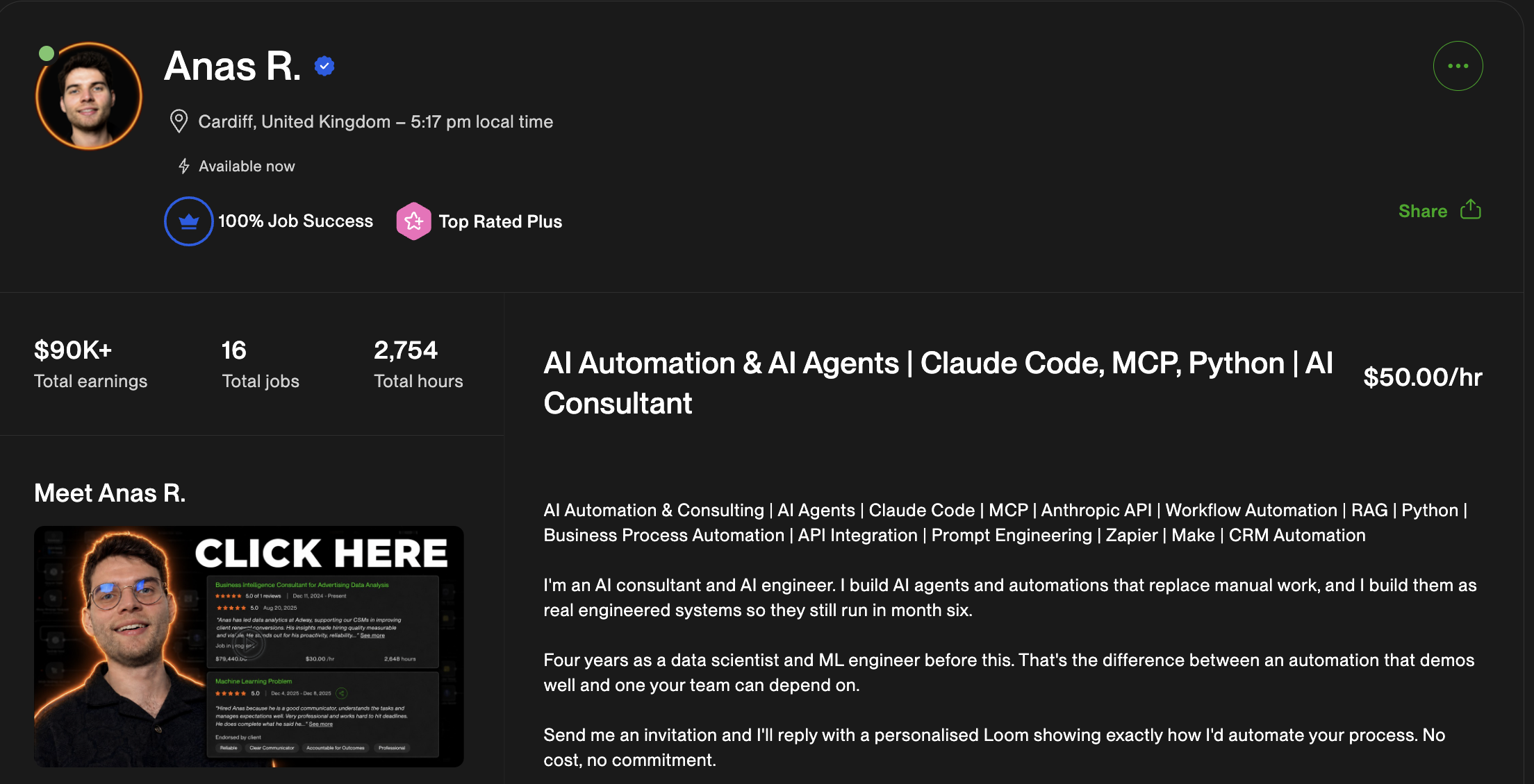 Anas R. Upwork profile: Top Rated Plus, 100% Job Success, $90K+ total earnings, AI Automation and AI Agents consultant